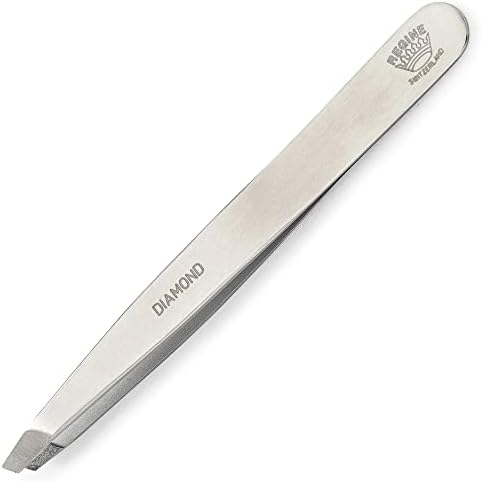 Regine Switzerland Diamond Tip Slant Tweezer, Stainless Steel Precision Tweezers for Eyebrow & Hair Removal