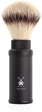 MÜHLE Travel Black Aluminum Silvertip Fibre Shaving Brush - Portable Synthetic Luxury Shave Brush for Men, Rich Lather