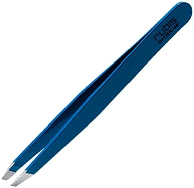 Rubis Classic Stainless Steel Slanted Tweezers for Precise Eyebrows and Hair Removal, 1K109, Made in Switzerland, Blue