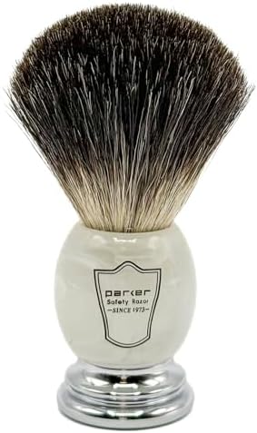 Parker Safety Razor 100% Black Badger Bristle Shaving Brush with Ivory Marbled Handle - Brush Stand Included