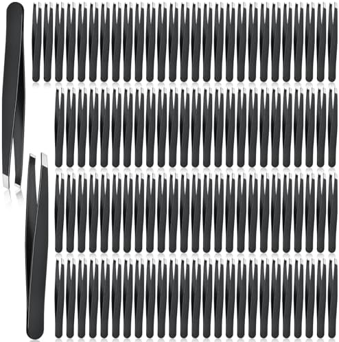 Lasnten 120 Pieces Eyebrow Slanted Tweezers Stainless Steel Tweezers Black Slanted Tip Eyebrow Tweezers for Men and Women Removal Eyebrows, Ingrown Hair, Hand and Facial Hair, Lash Extension