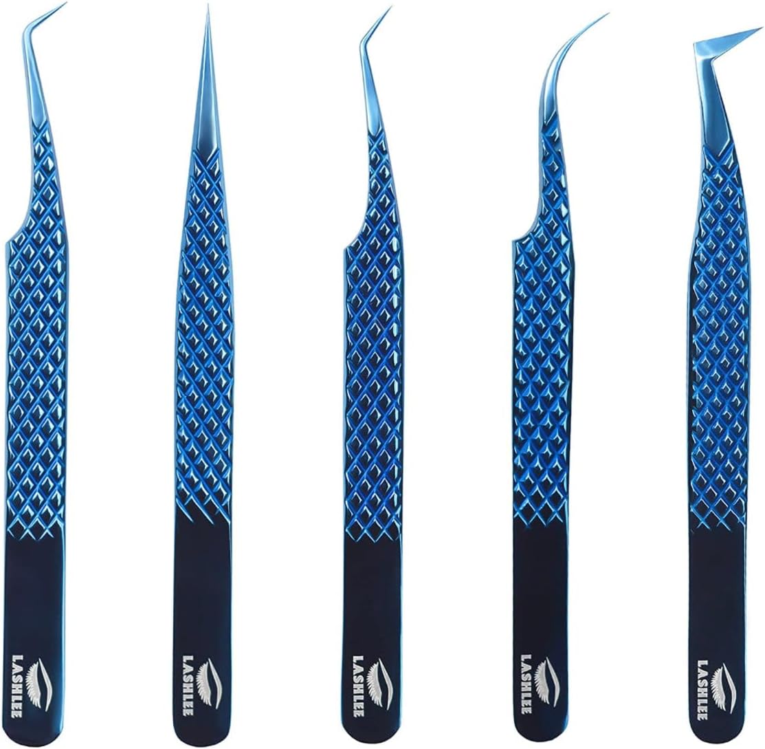 Supplies Eyelash Extension Tweezers pack of 5 | Professional Japanese Stainless Steel Tools | Straight | Curved | Angled | Tip 45 Degree | 90 Degree Volume Tweezers Precision Degree l Blue