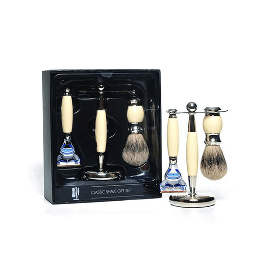 PureBadger Cream Collection Set: Faux Ivory Silvertip Shaving Brush, Fusion Razor & Stand