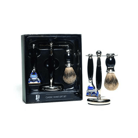 PureBadger Collection Black Set, Faux Horn Silvertip Shaving Brush, Fusion Razor & Stand