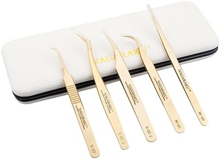 NAGARAKU 5 PCS Tweezers for Eyelash Extensions Straight and Curved Precision Professional Volume Easy Fanning lash Precise Point with Storage Case Bag