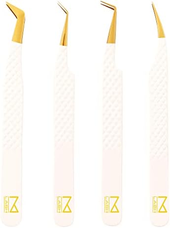 M LASH Eyelash Extension Tweezers (Set of 4) - Professional & Precision Lash Tweezers for Eyelash Extensions - Japanese Steel, Diamond Grip, Fiber Tip V5 (White)