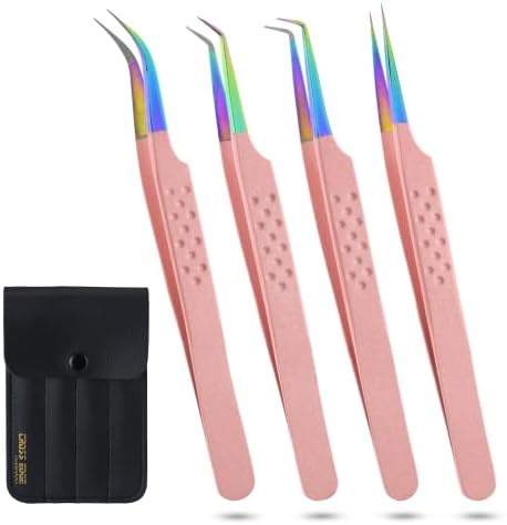 My Lash Tools - Fiber Tip Lash Tweezers for Eyelash Extensions Professional SET OF 4 Isolation, Curved & Volume Lash Tweezers set Japanese Steel Lash Supply (Blush Pink)