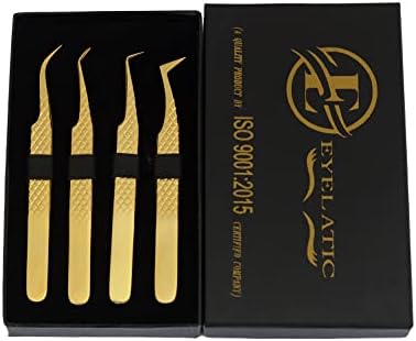 Eyelatic Lash Tweezers, Eyelash Extension Tweezers Set of 4 Volume Tweezers False Eyelash Applicator For Light Volume or Mega Volume Fans Lash Extension Golden