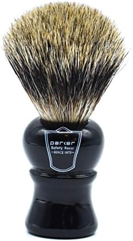 Parker Safety Razor, Long Loft 3-Band Pure Badger Bristle Shaving Brush with Ebony Handle - Brush Stand Included