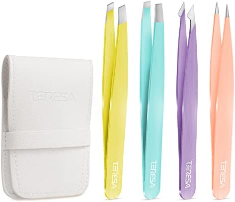 Terresa-Beauty Eyebrow Tweezers Women Professional, 4 in 1 Precision Tweezer Set, Facial Hair Plucking, Ingrown Hair Remover, Multicolor
