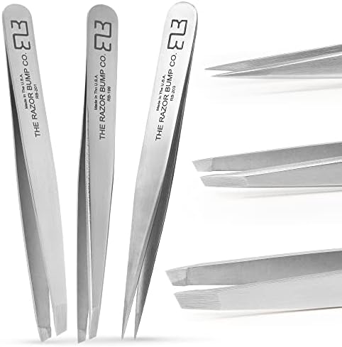 Razor Bump Co. Tweezer Set, Made in USA, 3-Piece Artisan Tweezers for Eyebrows and Ingrown Hair Removal – Pointed Tweezers and Slant Tweezers Handcrafted of Rustproof, Non-Irritating Stainless Steel
