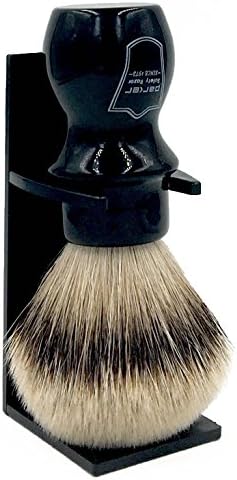 Parker Safety Razor, 100% Silvertip Badger Mug Shaving Brush with Brush Stand - Extra Dense and Extra Soft Bristles - Long Handle is Perfect for use with Your Shaving Mug (BLACK)