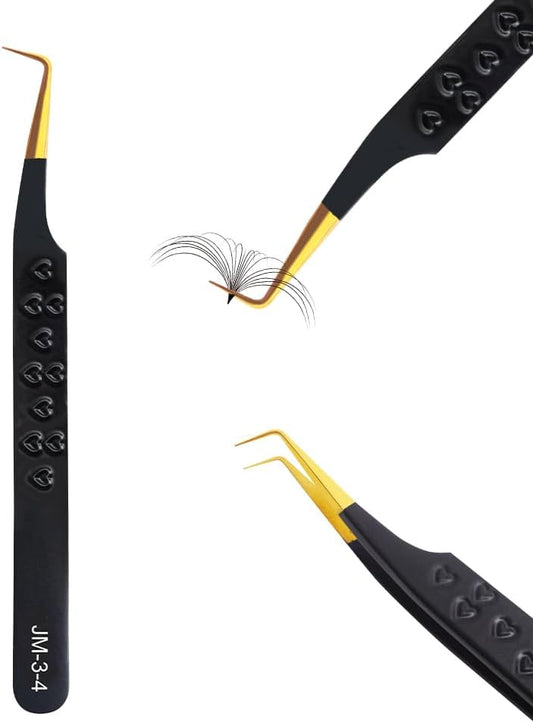 Lash Tweezers for Eyelash Extensions 90 Degree Tweezers Eyelash Extensions Tweezers Anti-slip Anti-static Professional Super Strong Grip Stainless Steel Volume Tweezer (black golden)