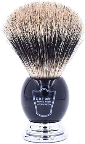 Parker Safety Razor, Premium 3 Band Pure Badger Shaving Brush with Stand Included - Packaged in a Gift Box - Generate a Thick & Luxurious Lather with Your Favorite Shave Soap - Black & Chrome Handle