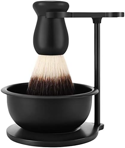 PerPro Matte Black Heavyweight Base Shaving Stand with Shave Soap Bowl and Soft Nylon Shaving Brush with Anti-skid Handle Compatible with Most Safety Razors, Men's Grooming Kit for Gent Mens