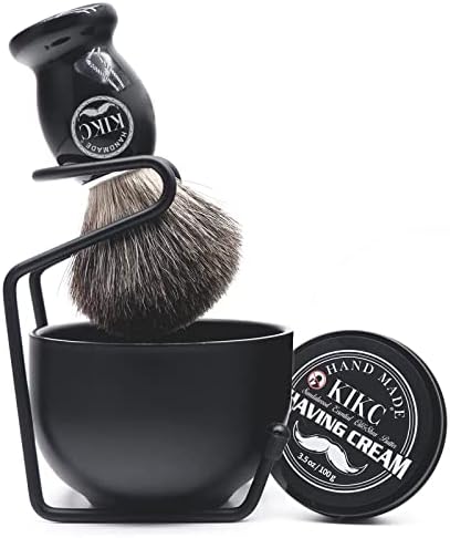 KIKC 4 In 1 Shaving Brush Set, Shaving Cream, Shaving Bowl & Shaving Stand & Badger Hair Shaving Brush Kit Black Stainless Steel Shaving Cleaning Tool, Great Gift Set for Men and Women