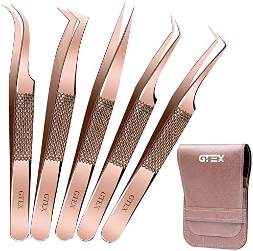 GTEX Lash Tweezers For Eyelash Extensions Tweezers, Circle Grip - Japanese Steel - Professional Eyelash Tweezers For Extensions, 5 Pack - Rose Gold