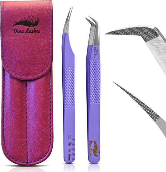 Anti-Slip Fiber Tip Lash Tweezers for Eyelash Extensions - 2 Pack Straight and L-Shaped Lash Extension Tweezers Set - Premium Stainless Steel Pointed Tweezers - Isolation & Volume Lash Tweezers