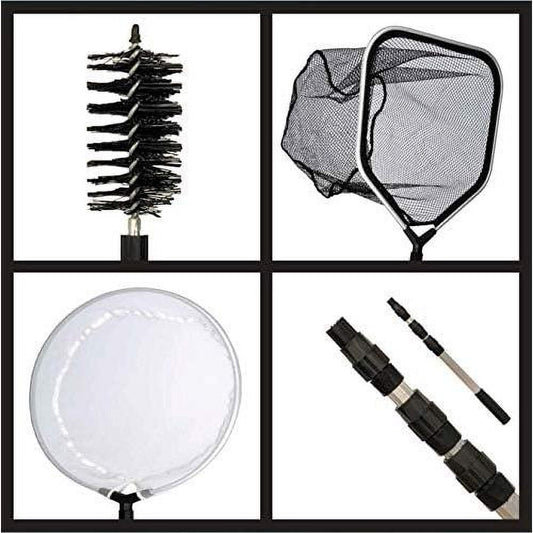 Cleaning Care Kit, 4-In-1 Net Set Includes String Algae Scrubbing Brush, Skimming Net Fish Catching Net With 6 FT Telescopic Pole Full Arm Gloves