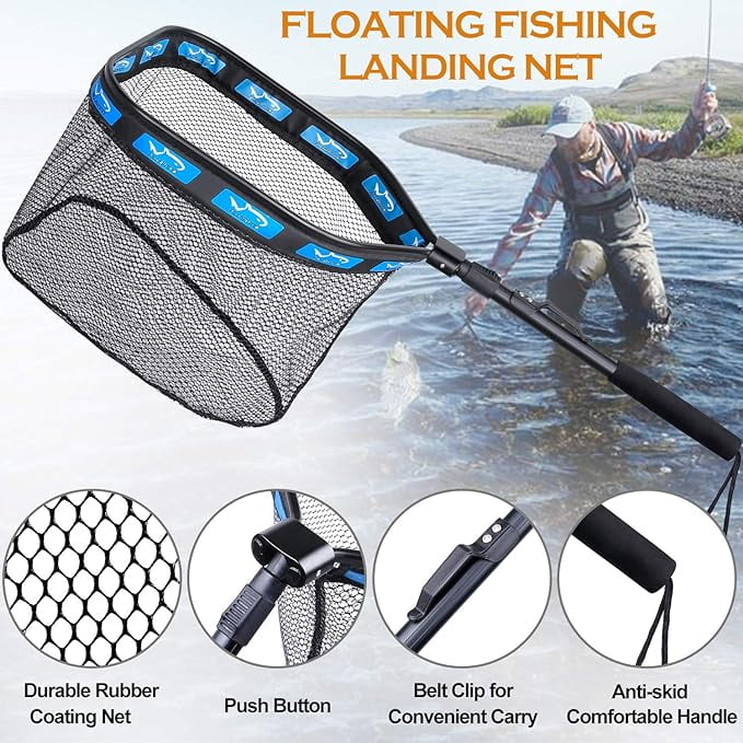 Loreleyo Floating Fishing Net for Steelhead, Salmon, Fly, Kayak, Catfish, Bass, Trout Fishing, Rubber Coated Landing Net for Easy Catch & Release, Compact & Foldable for Easy Transportation & Storage