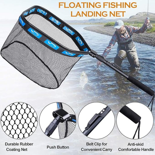 Loreleyo Floating Fishing Net for Steelhead, Salmon, Fly, Kayak, Catfish, Bass, Trout Fishing, Rubber Coated Landing Net for Easy Catch & Release, Compact & Foldable for Easy Transportation & Storage