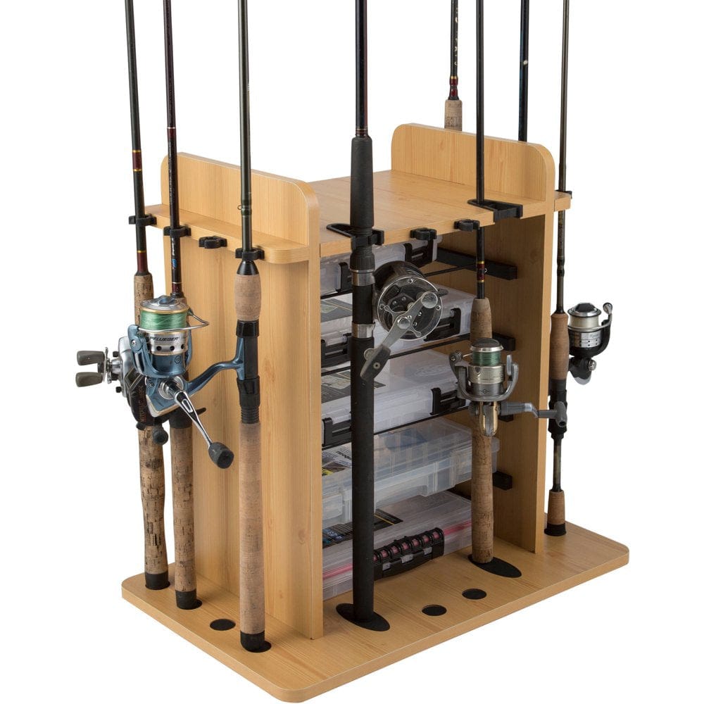 Rush Creek Creations 14 Fishing Rod Rack with 4 Utility Box Storage Capacity & Dual Rod Clips - Features a Sleek Design & Wire Racking System